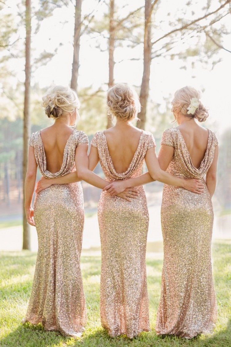 Sequin Short Sleeve Cap Sleeve Mermaid Backless Gold Long Cheap Bridesmaid Dresses WK52