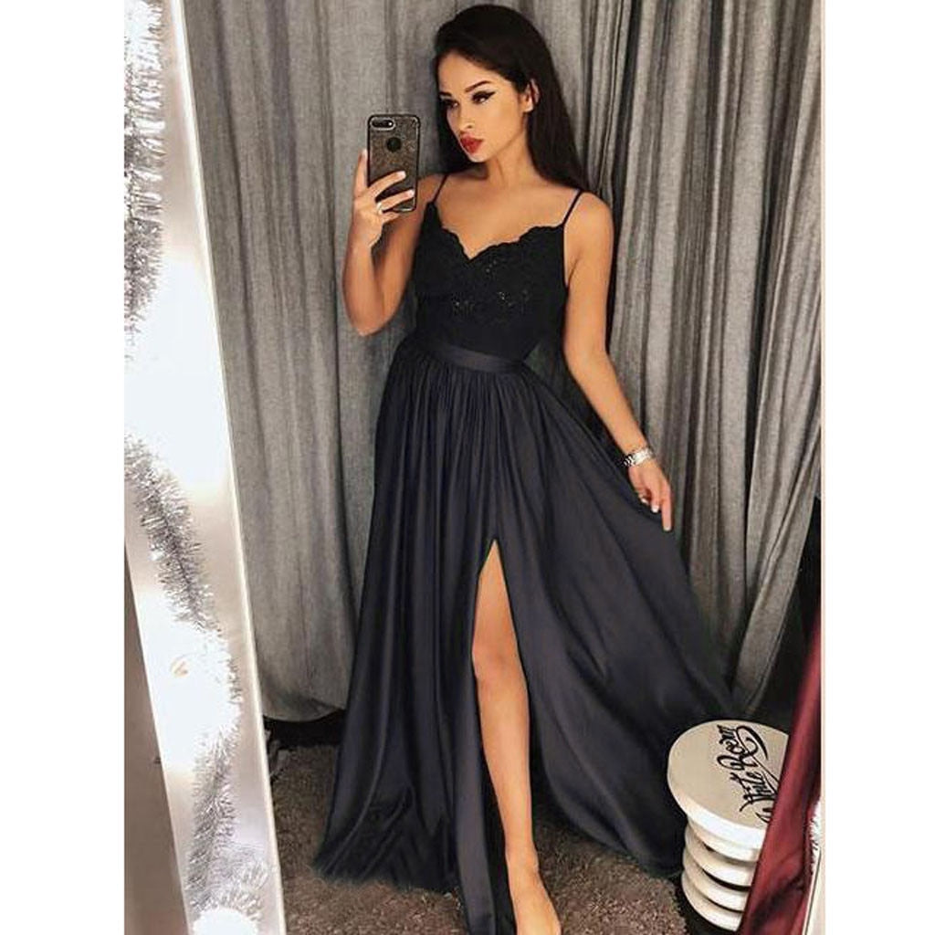 Dark Green Spaghetti Straps Split Front Lace Long Sleeveless Prom Dresses WK570