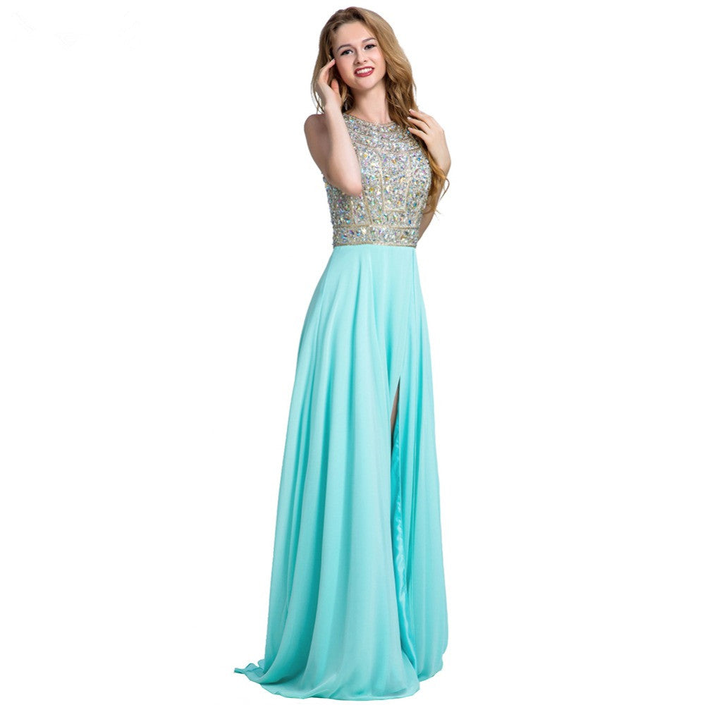 New Arrival Long Chiffon Beading Split Backless Sexy Gown For Teens