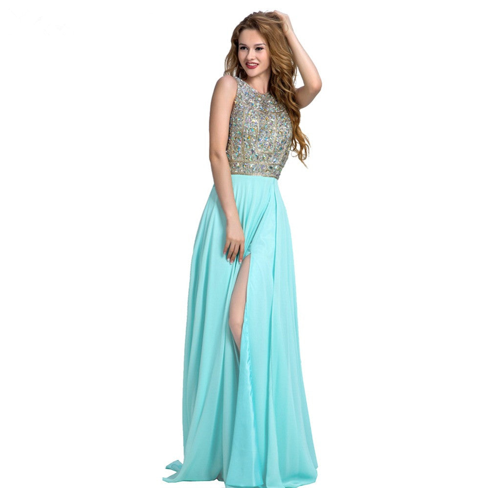 New Arrival Long Chiffon Beading Split Backless Sexy Gown For Teens