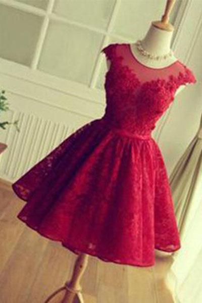 Red Lace Short Modest Appliques Sleeveless Open Back Pretty Homecoming Dresses WK246