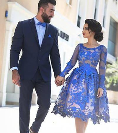 Unique Ball Gown Appliques Knee-Length Long Sleeve A-Line Tulle Royal Blue Sweet 16 Gown WK119