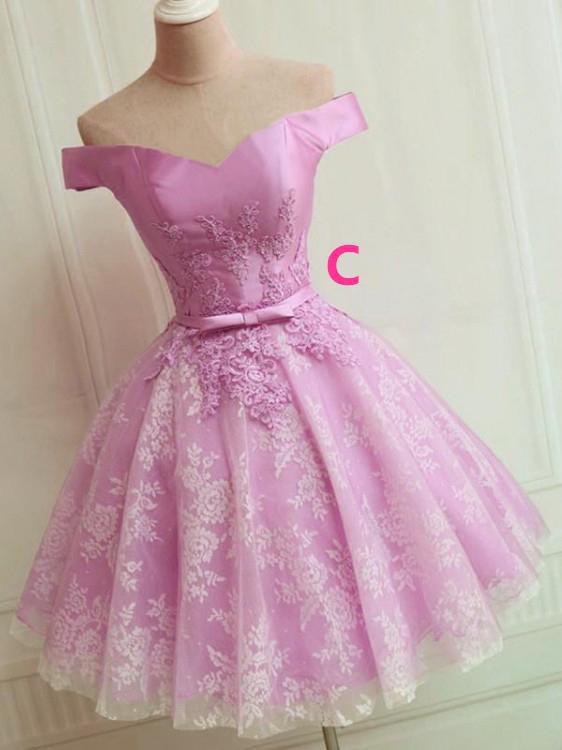 Off the Shoulder Lace up Lace Applique Dusty Rose Short Prom Dress Homecoming Dresses WK759