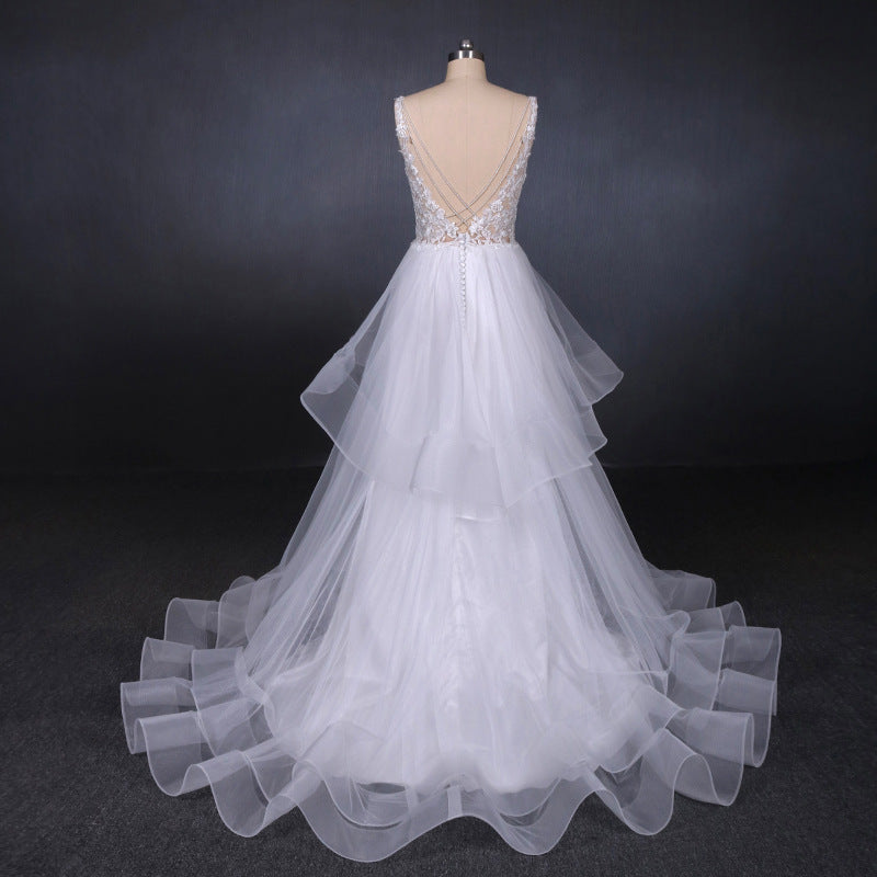 Charming V-neck Lace Wedding Dresses Elegant Backless Wedding Gowns