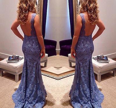 2024 New Style Custom Mermaid V-Neck Sleeveless Open Back Blue Lace Evening Dresses WK11