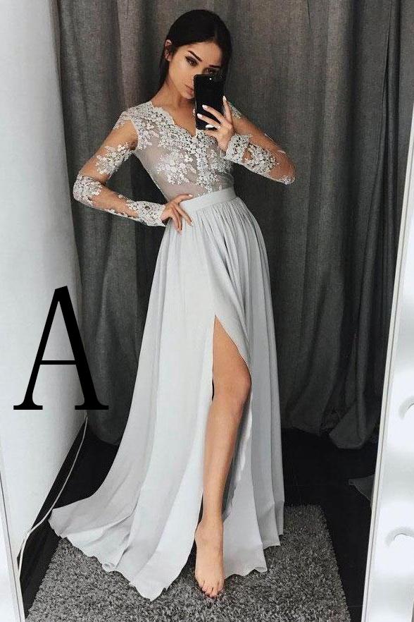 Stylish A-Line V-Neck Long Sleeves Split Front Gray Chiffon Long Prom Dresses WK327