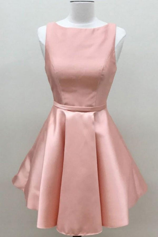 Simple A Line Pink Satin Scoop Cheap Short Prom Dresses Homecoming Dresses WK883