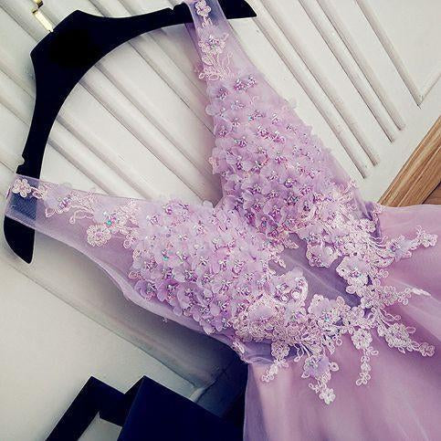 A Line V Neck Lace Appliques Lilac Short Beading Tulle Sleeveless Homecoming Dresses WK976