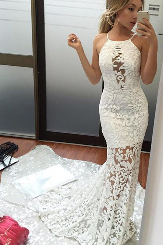 Unique Lace Mermaid Sleeveless Appliques Brush Train Wedding Dresses