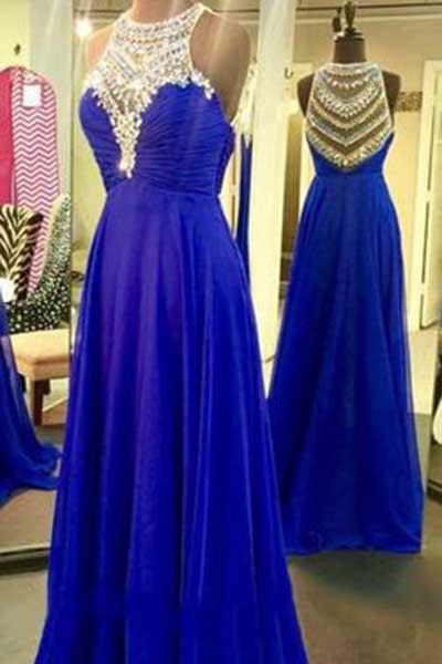 Royal Blue Sparkle Beads Halter Pretty Illusion High Neck Chiffon Prom Dresses WK405