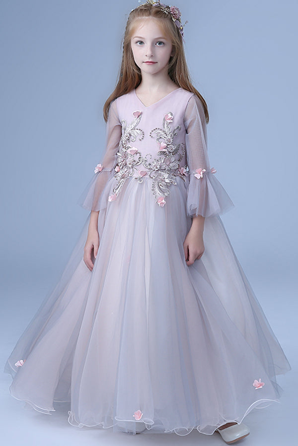 Cute V Neck Long Sleeves Tulle Floor Length A Line With Appliques Flower Girl Dresses