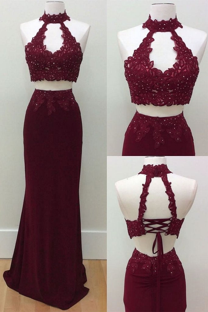 Mermaid Two Piece Burgundy Modest Long Halter Open Back Beads Prom Dresses WK186