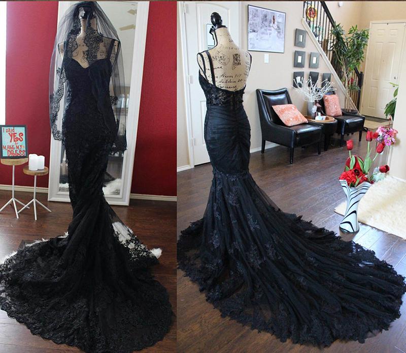 Charming Black Lace Spaghetti Strap Sweetheart Backless Mermaid Sweep Train Evening Dresses WK249