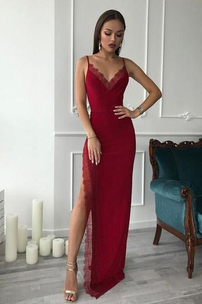 Burgundy Spaghetti Straps Side High Slit V Neck Satin Mermaid Long Prom Dresses WK311