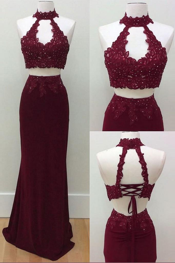 Mermaid Two Piece Burgundy Modest Long Halter Open Back Beads Prom Dresses WK186