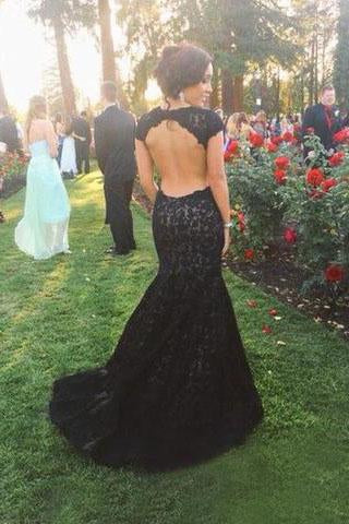 New Style High Neck Backless Lace Black Open Back Mermaid Cap Sleeve Evening Dresses WK05