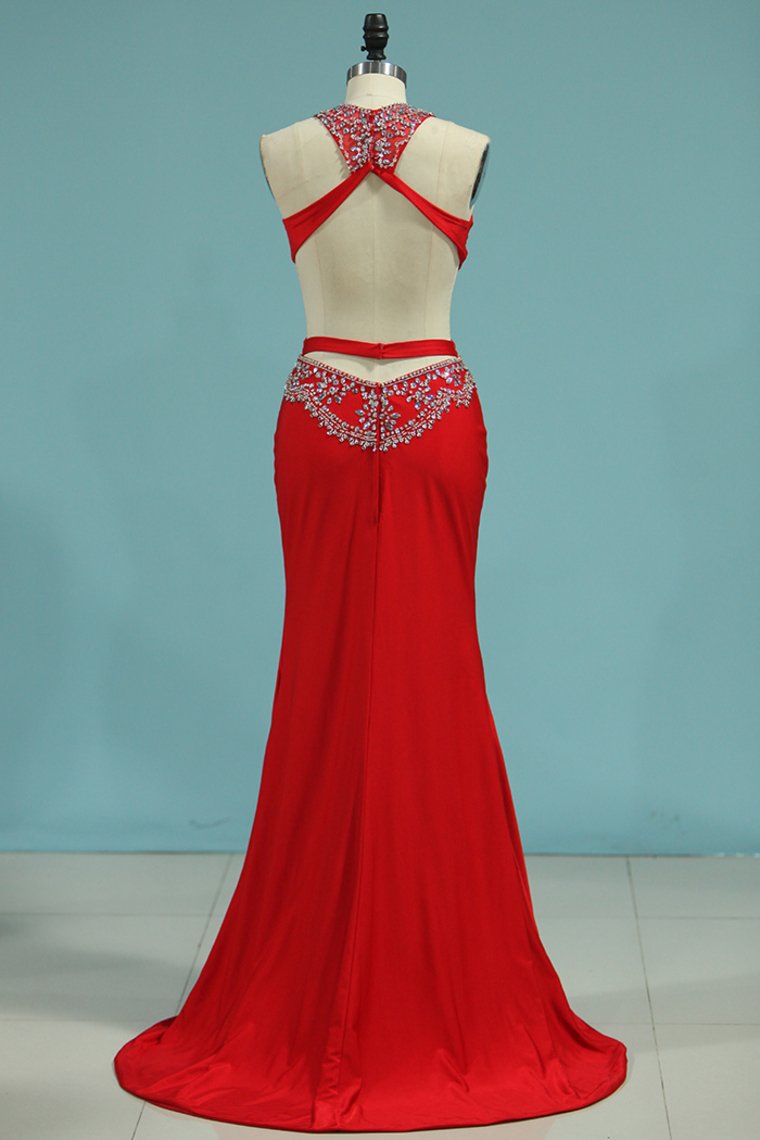 New Arrival Scoop With Beads And Slit Prom Dresses Spandex Mermaid