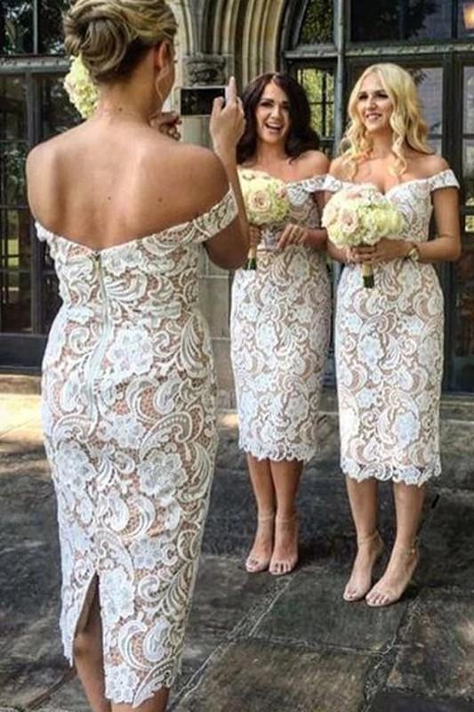 Unique Mermaid Off the Shoulder Ivory Lace Sweetheart Bridesmaid Dresses with Slit SWK15540