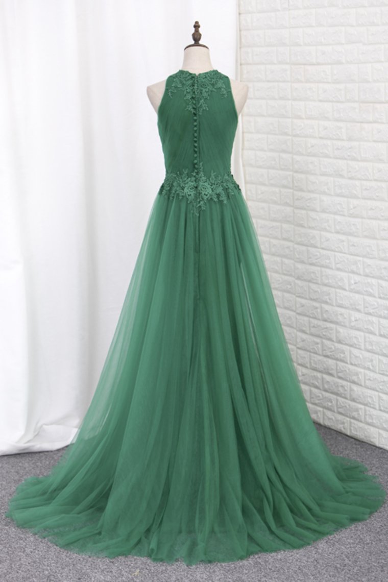 Prom Dresses Scoop Lace & Tulle With Applique Mermaid Sweep Train