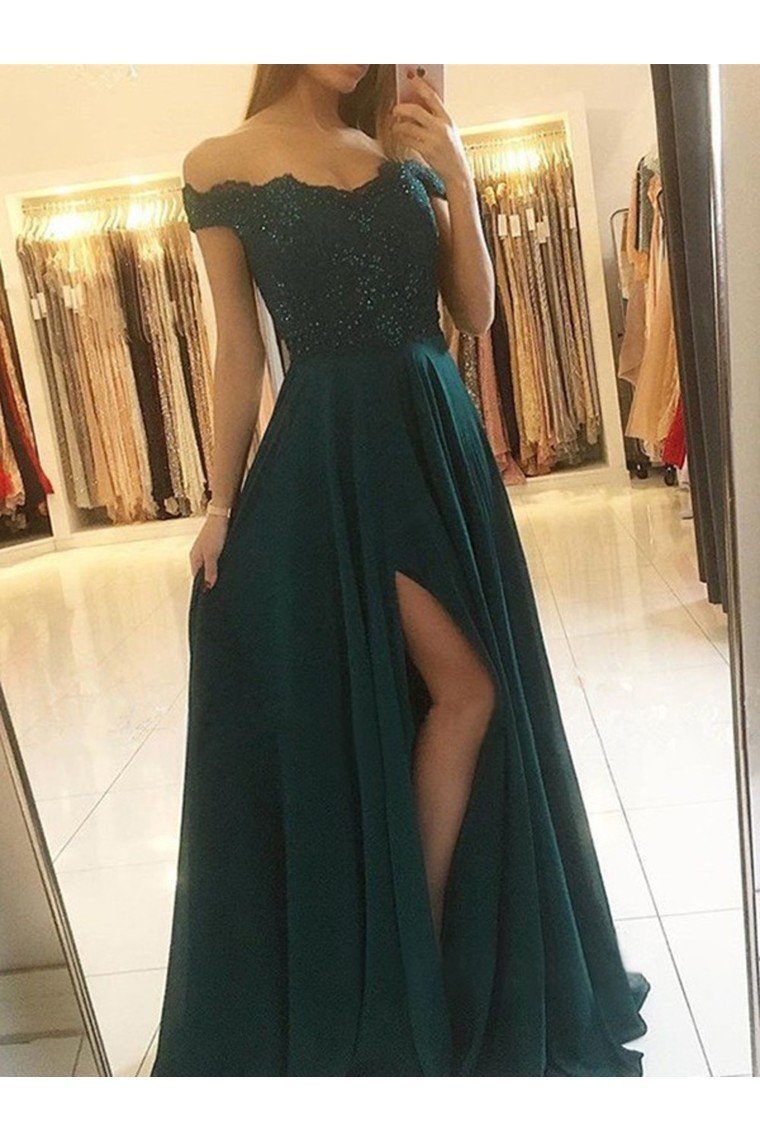 A-Line/Princess Off-The-Shoulder Sleeveless Sweep/Brush Train Beading Chiffon Dresses