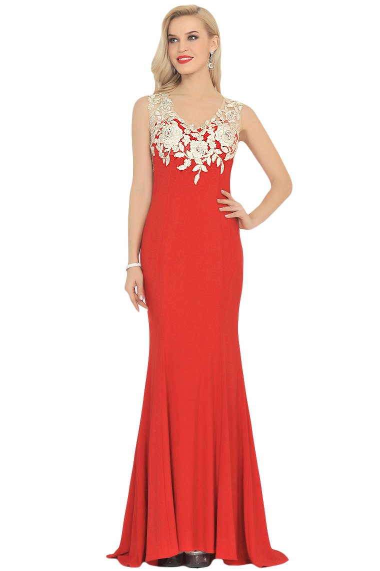 Sexy V Neck Prom Dresses Mermaid Spandex With Appliques Sweep Train