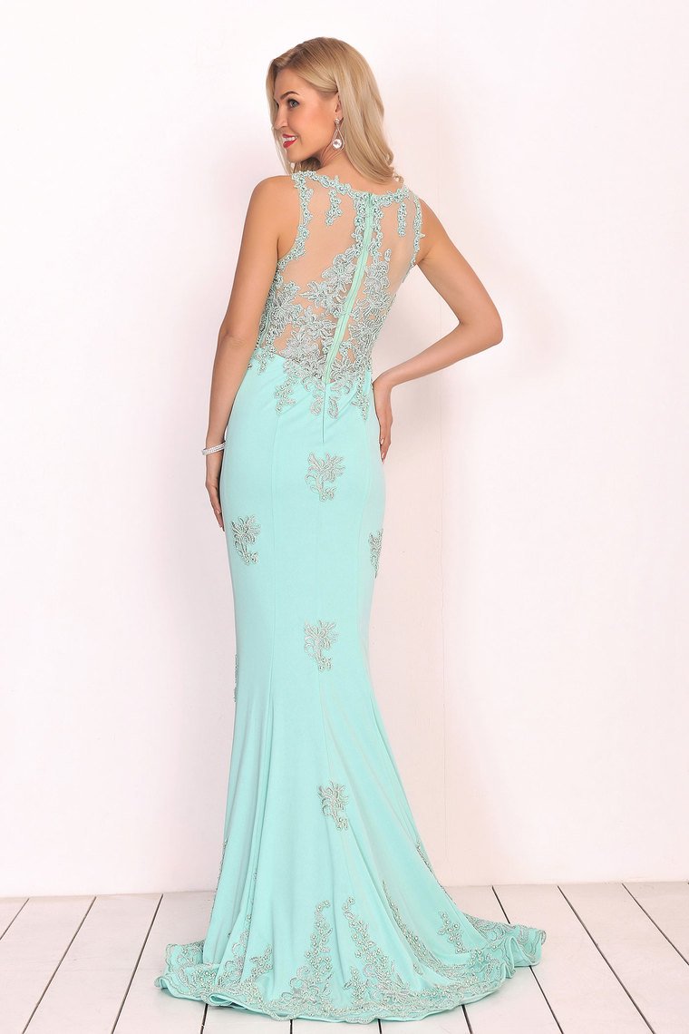 Prom Dresses Mermaid Scoop Spandex With Applique Sweep Train