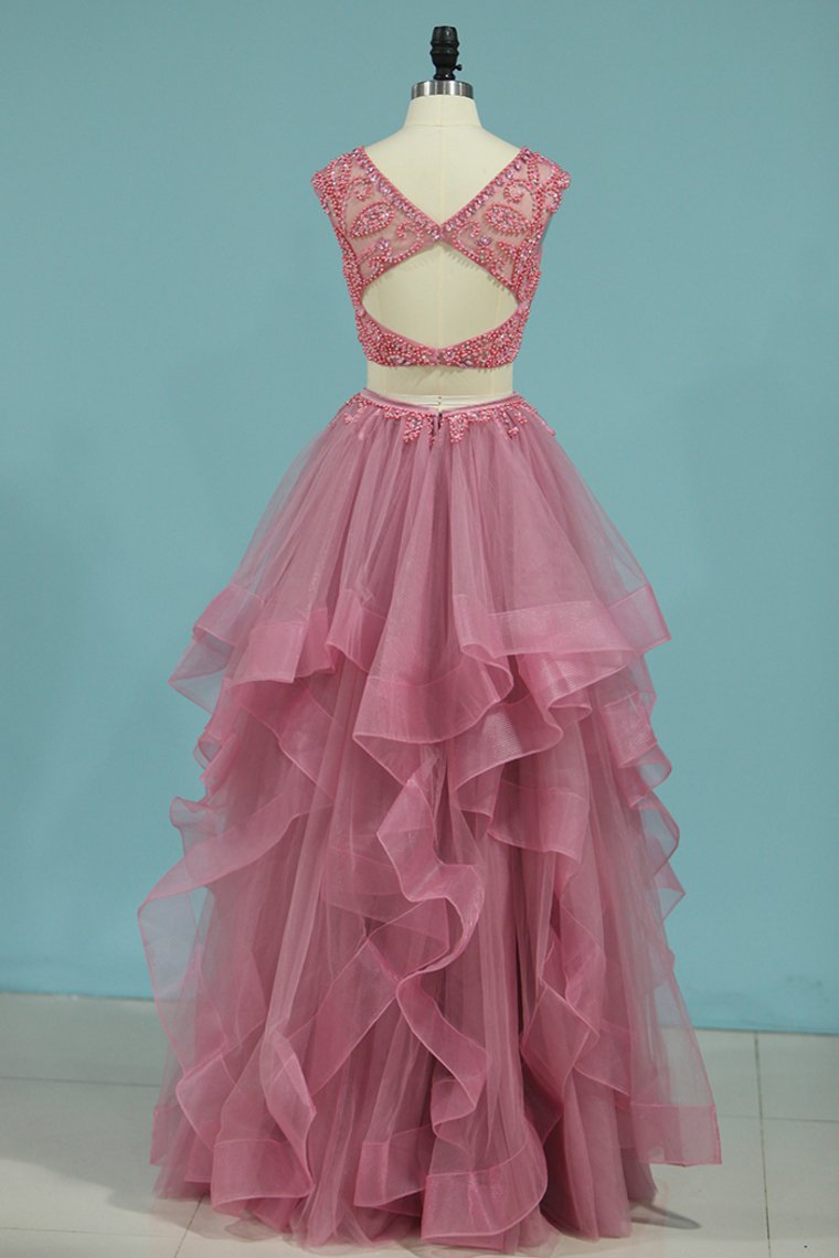 Two-Piece Bateau Tulle With Beading A Line Prom Dresses