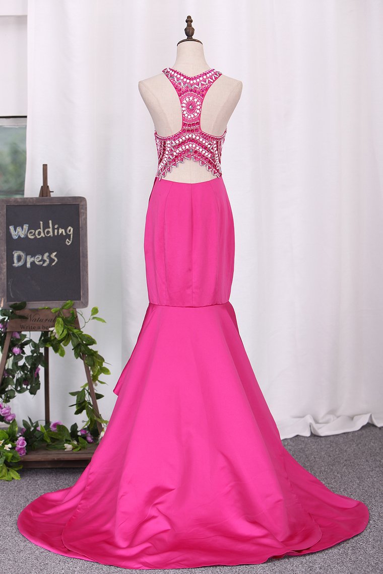 Prom Dresses Mermaid V Neck Beaded Bodice Satin Open Back