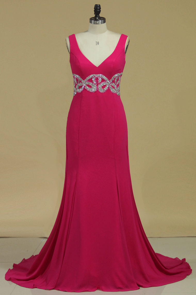 Fuchsia Straps Prom Dresses Beaded Waistband Mermaid Sweep Train Chiffon