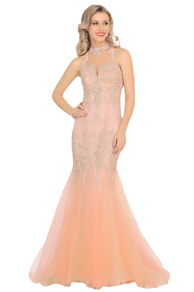 High Neck Tulle With Applique Mermaid Prom Dresses Sweep Train