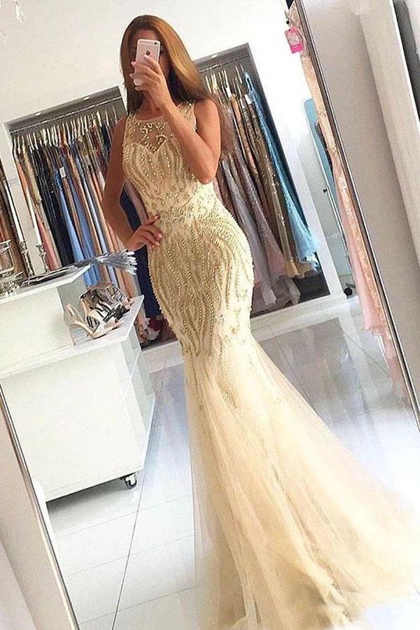 Elegant Mermaid Tulle Sleeveless Prom Dresses with Beading, Long Cheap Formal Dresses SWK15182