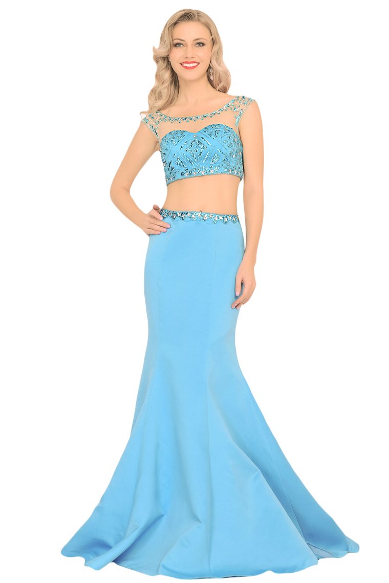 Two-Piece Scoop Prom Dresses Mermaid Satin With Beading