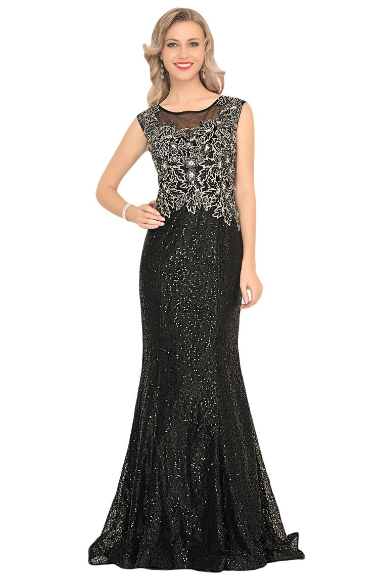 Scoop Prom Dresses Mermaid Sequins With Beading Sweep Train