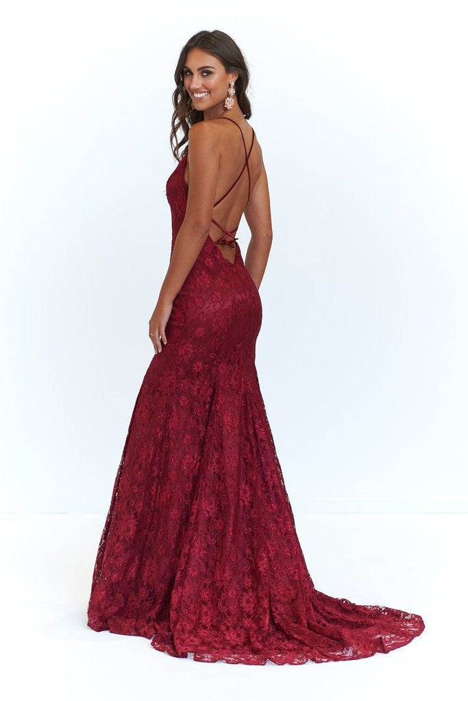 Elegant Straps V Neck Burgundy Lace Mermaid Long Evening Dresses, Prom Dresses SWK15206