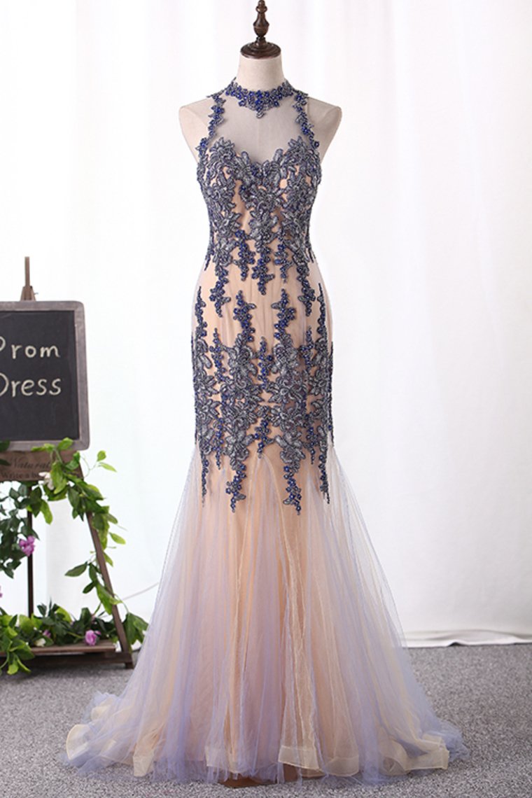 New Arrival Scoop High Neck Tulle With Applique And Beads Mermaid Prom Dresses