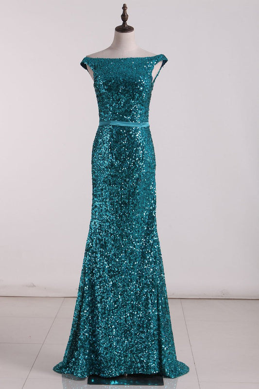 New Arrival Mermaid Bateau Sequins Sweep Train Prom Dresses