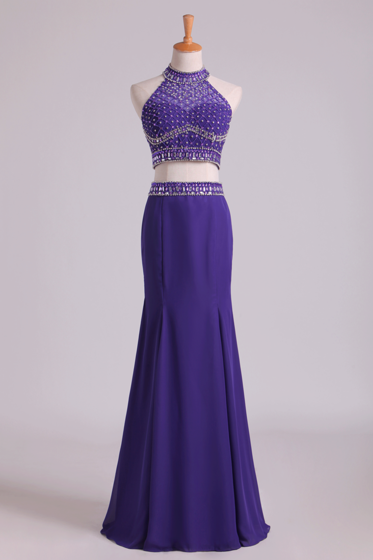 Prom Dresses Halter Two-Piece Beaded Bodice Mermaid Open Back Spandex & Tulle Floor Length