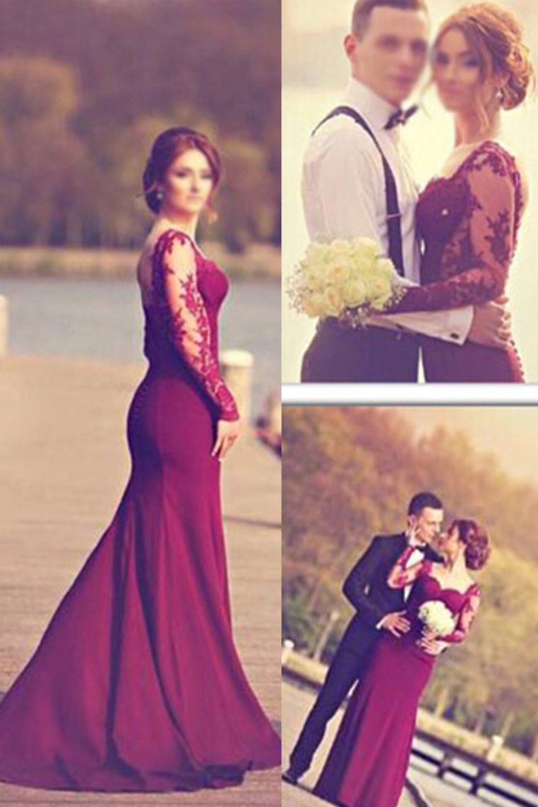 Long Sleeves Prom Dresses Spandex Mermaid With Applique Burgundy/Maroon