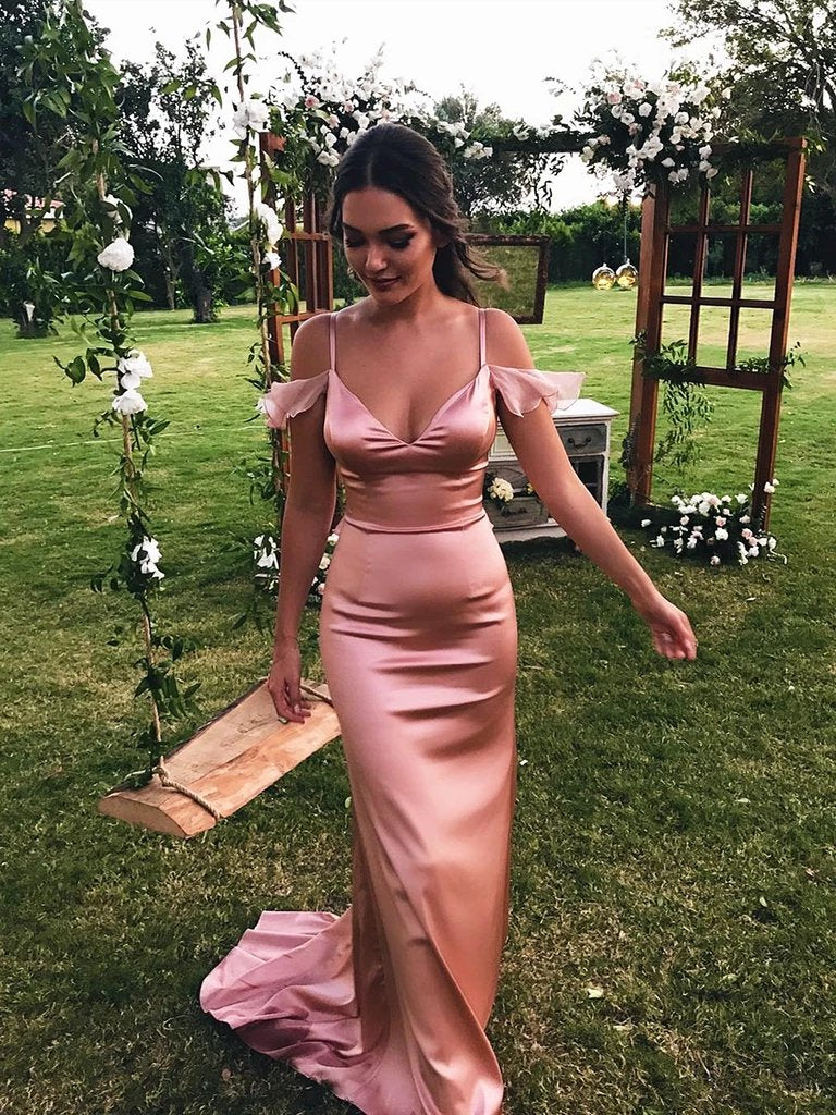 Unique Spaghetti Straps Pink Mermaid Prom Dresses Off the Shoulder Evening Formal Dresses SWK15468