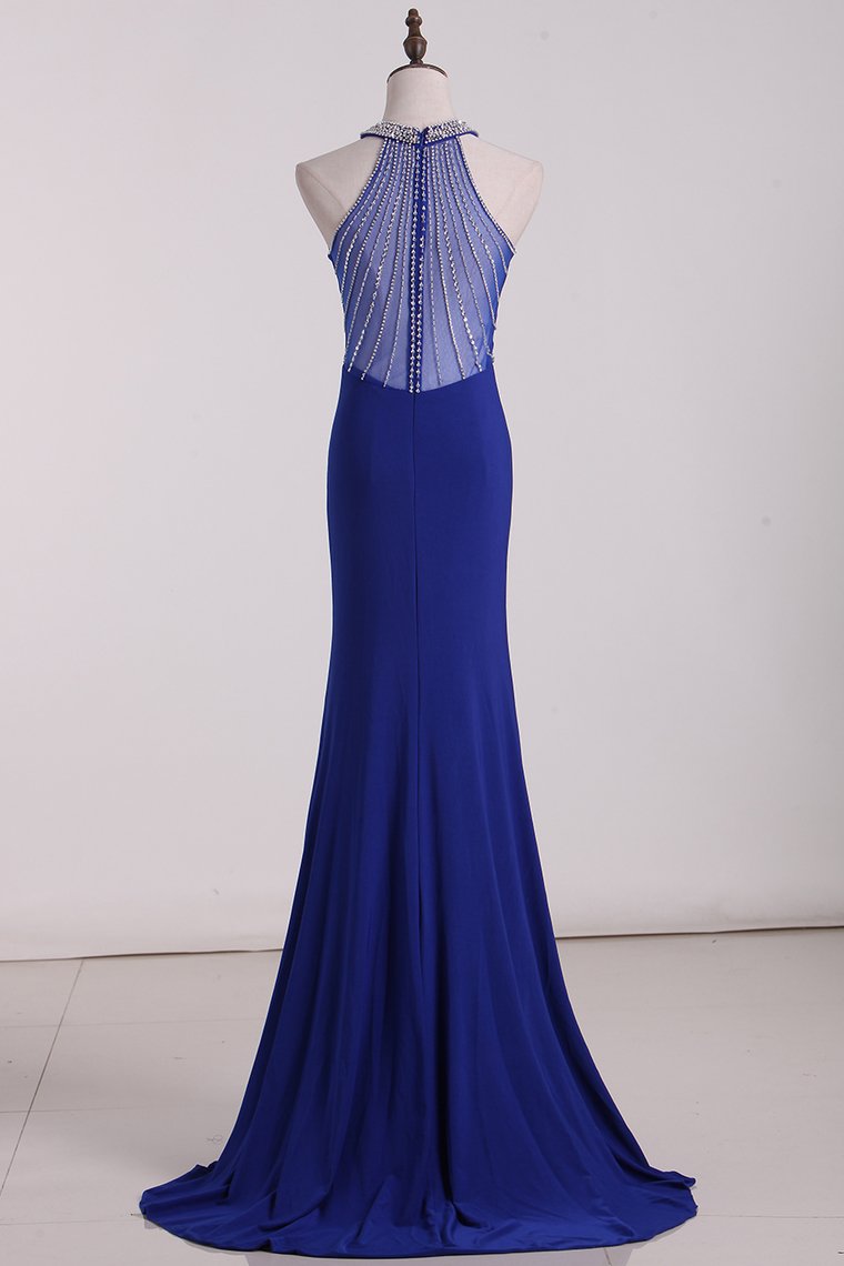 Prom Dresses Scoop Mermaid Spandex With Beading Sweep Train