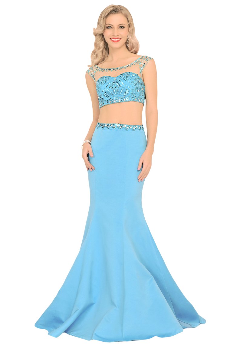 Two-Piece Scoop Prom Dresses Mermaid Satin With Beading