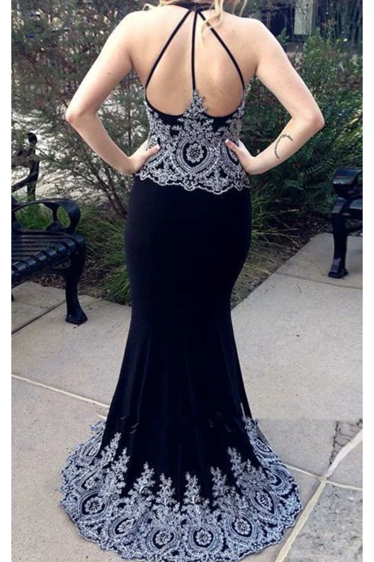 Dark Navy Blue Mermaid Prom Dresses With Appliques Charming Long Formal SWKPESSR754