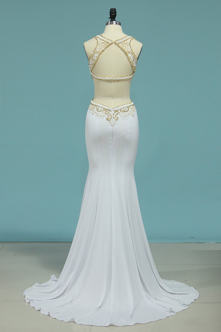 Scoop Prom Dresses Mermaid With Beading&Rhinestones Spandex Sweep Train Open Back