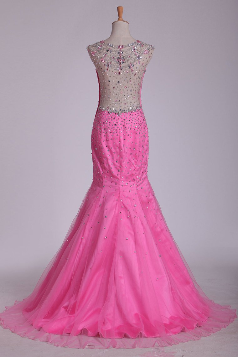 Mermaid Straps Beaded Bodice Prom Dresses Floor Length Tulle