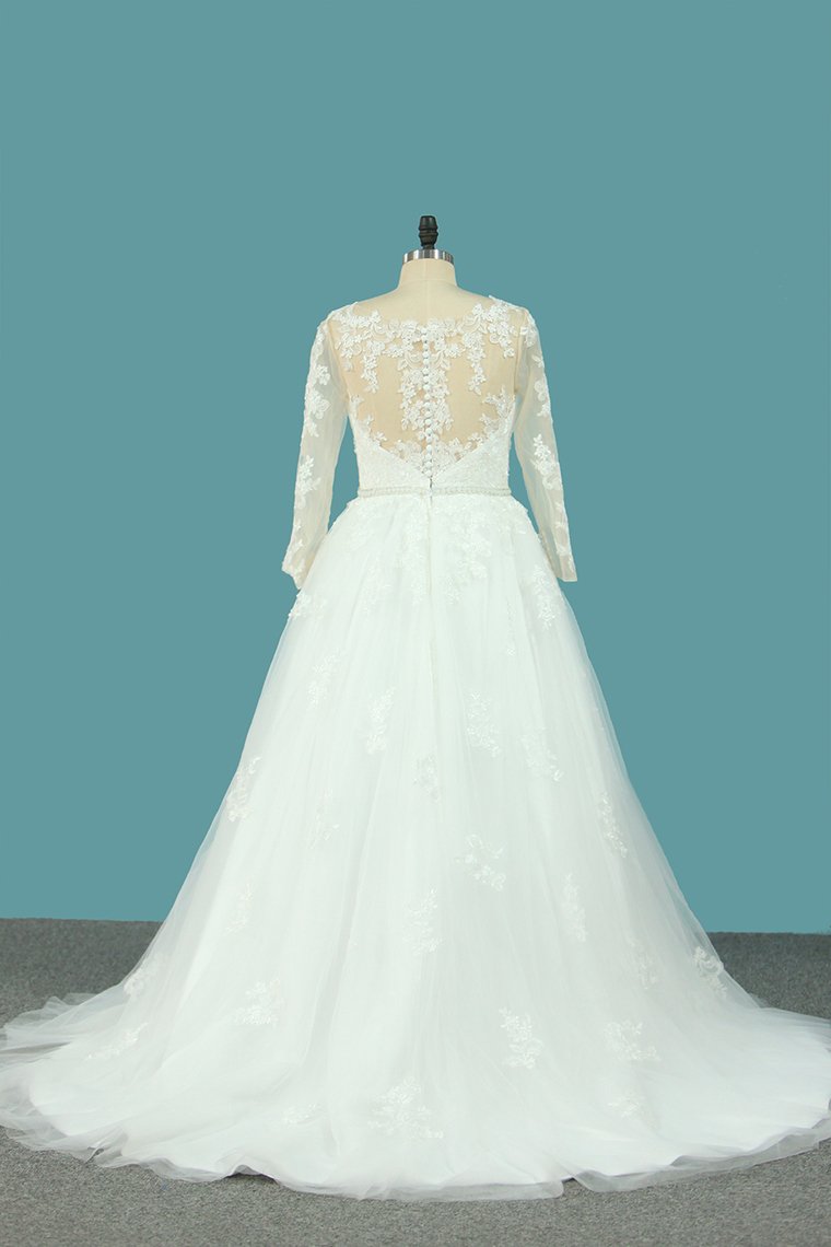 A Line Tulle V Neck Long Sleeves Wedding Dresses With Applique And Beads Sweep Train