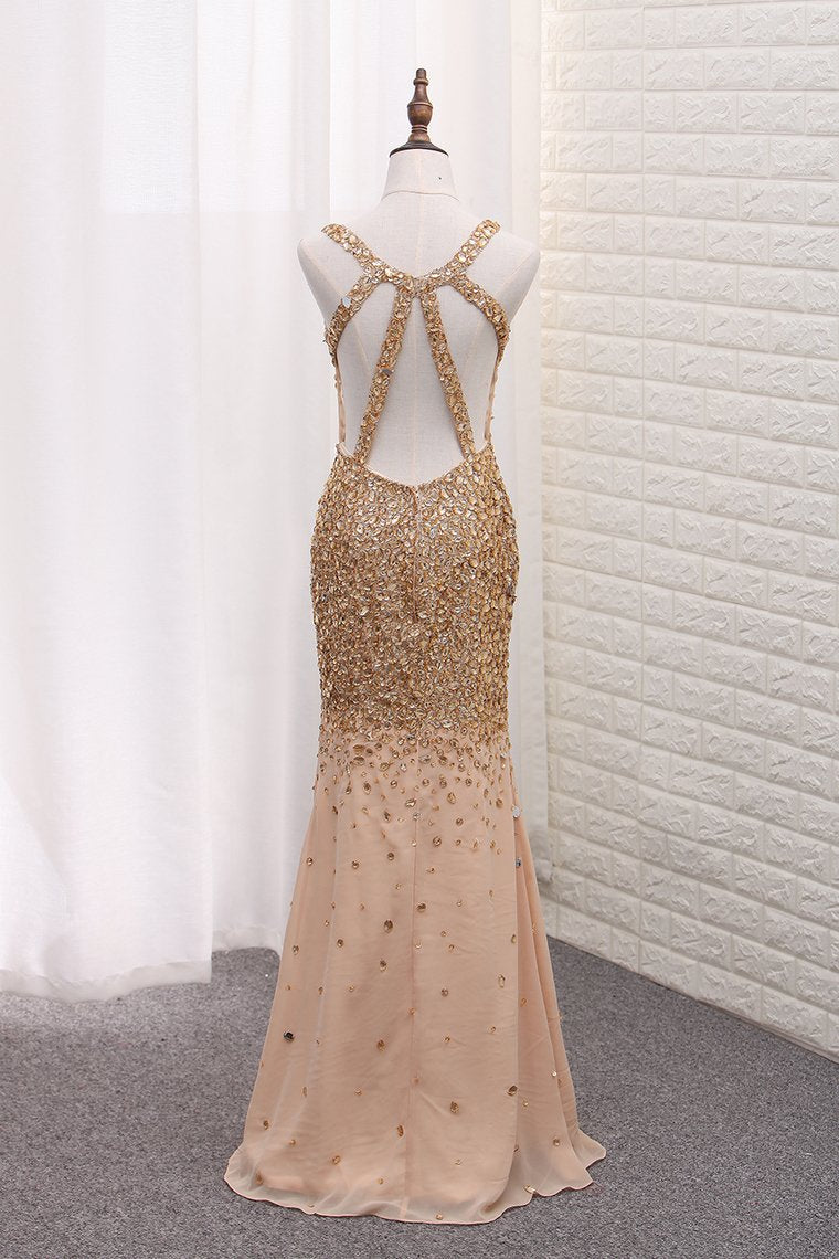 Luxury Mermaid Chiffon Beaded Bodice Straps Prom Dresses With Slit Crossed Back