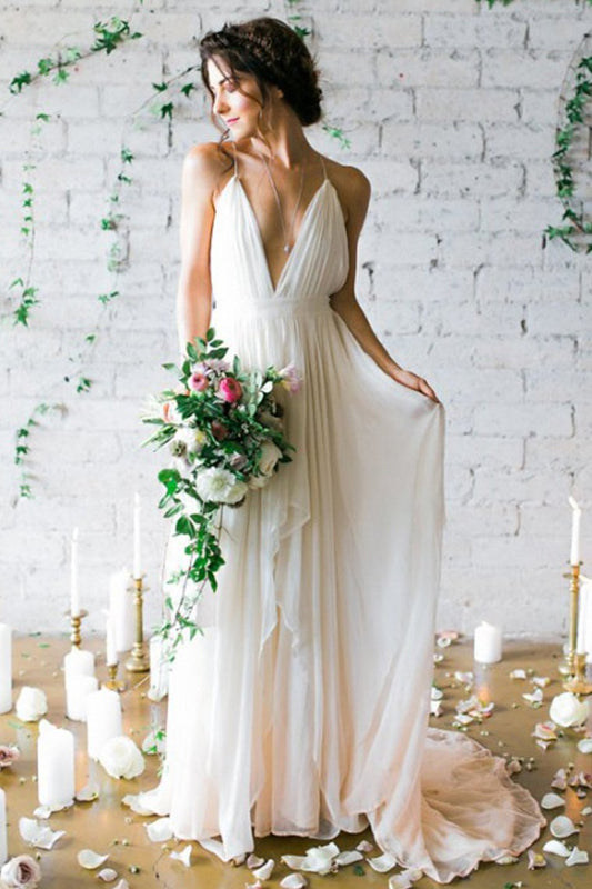 Sexy Open Back Spaghetti Straps Wedding Dresses A Line Ruched Bodice Chiffon