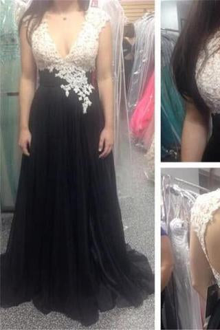 White Lace Top V-Neck Black Chiffon A-line Sleeveless Open Back Popular Prom Dresses WK178