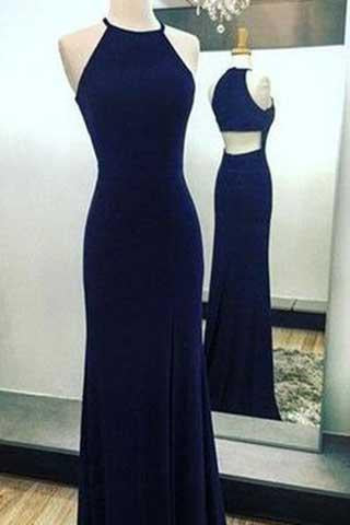 Sexy Navy Blue Long Chiffon Halter Mermaid Sleeveless Floor-Length Scoop Prom Dresses WK823