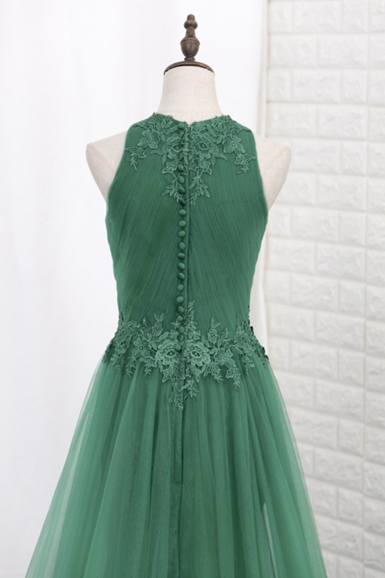 Scoop Lace & Tulle Prom Dresses Mermaid With Applique Sweep Train